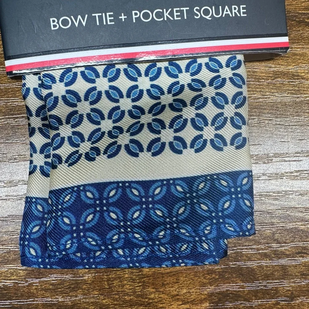 NEW Tommy Hilfiger Mens Bow Tie and Pocket Square Set Gold Blue TL21510025